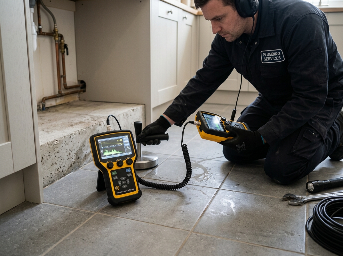 Electronic slab leak detection equipment on Boynton Beach home tile floor